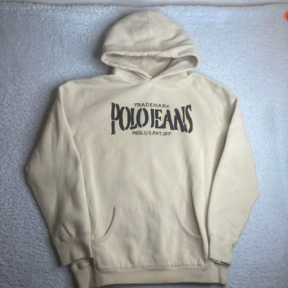 Vintage Polo jeans co mens cream embroidered hoodie boxy heavy Ralph xxl